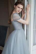 Load image into Gallery viewer, A Line Square Neck Grey Long Prom Dress with Beading
