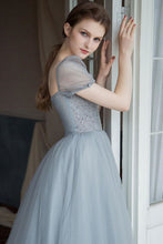 Load image into Gallery viewer, A Line Square Neck Grey Long Prom Dress with Beading