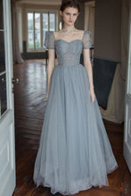Load image into Gallery viewer, A Line Square Neck Grey Long Prom Dress with Beading
