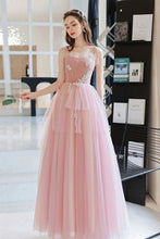 Load image into Gallery viewer, Elegant A Line Spaghetti Straps Pink Long Prom Dress with Appliques
