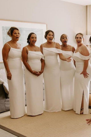 Classic Sheath Spaghetti Straps White Long Bridesmaid Dress with Split Front