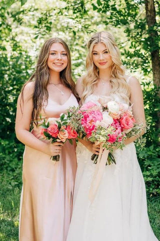 Beautiful A Line Spaghetti Straps Blush Long Bridesmaid Dress with Split Front