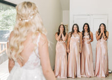 Load image into Gallery viewer, Beautiful A Line Spaghetti Straps Blush Long Bridesmaid Dress with Split Front