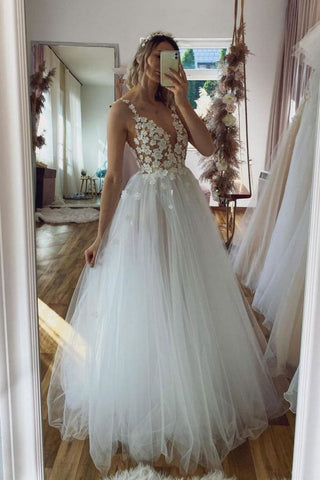 Beautiful A Line Deep V Neck White Long Prom Dress with Appliques