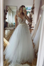 Load image into Gallery viewer, Beautiful A Line Deep V Neck White Long Prom Dress with Appliques