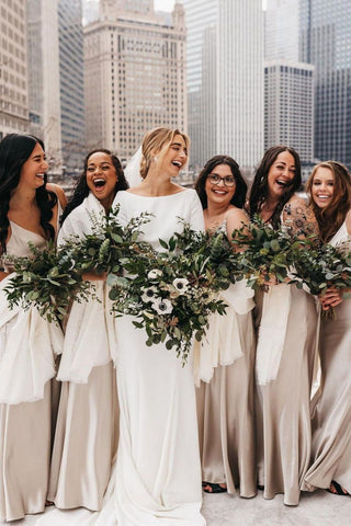 Simple A Line V Neck Light Champagne Long Bridesmaid Dress