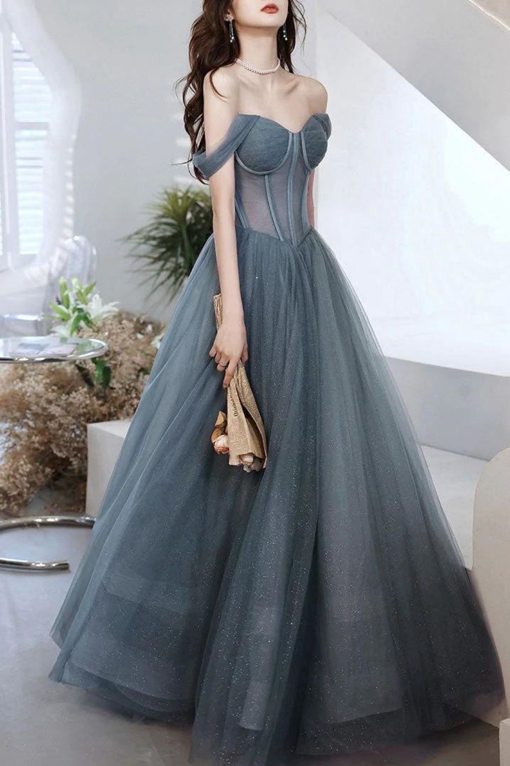 Charming A Line Off the Shoulder Grey Long Prom Dress