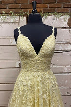 Load image into Gallery viewer, Charming A Line Spaghetti Straps Yellow Long Prom Dress with Appliques
