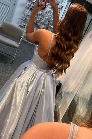 A Line Spaghetti Straps Silver Long Prom Dress Party Dress