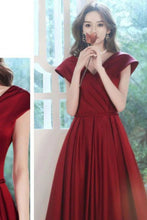 Load image into Gallery viewer, Beautiful A Line V Neck Burgundy Long Prom Dress with Ruffles