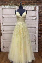 Load image into Gallery viewer, Charming A Line Spaghetti Straps Yellow Long Prom Dress with Appliques
