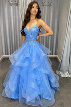 Load image into Gallery viewer, Princess A Line Spaghetti Straps Blue Long Prom Dress with Appliques
