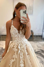 Load image into Gallery viewer, Charming A Line V Neck Champagne Prom Dress with Appliques