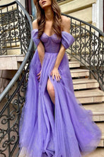 Load image into Gallery viewer, A Line Off the Shoulder Purple Long Prom Dress with Slit
