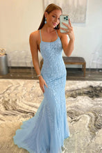 Load image into Gallery viewer, Mermaid Spaghetti Straps Blue Long Prom Dress with Appliques
