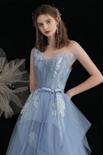 Load image into Gallery viewer, Princess A Line Strapless Blue Long Prom Dress with Appliques