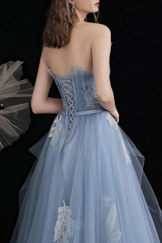Princess A Line Strapless Blue Long Prom Dress with Appliques