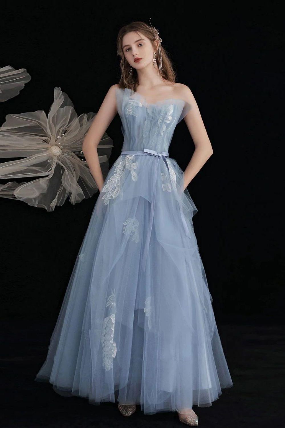 Princess A Line Strapless Blue Long Prom Dress with Appliques