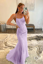 Load image into Gallery viewer, Mermaid Spaghetti Straps Lavender Long Prom Dress with Appliques