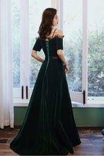 Load image into Gallery viewer, Charming A Line Off the Shoulder Dark Green Long Prom Dress with Bowknot