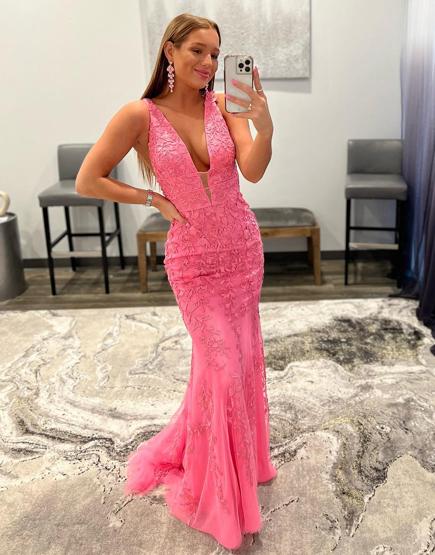 Sexy Mermaid V Neck Pink Prom Dress With Appliques