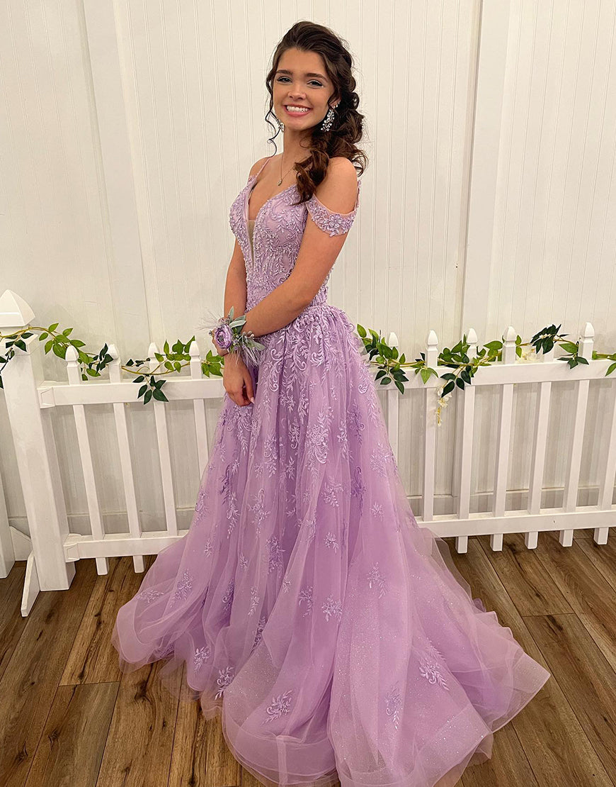 V neck Off-the-Shoulder Backless Prom Dress With Appliques