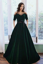 Load image into Gallery viewer, Charming A Line Off the Shoulder Dark Green Long Prom Dress with Bowknot