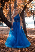 Load image into Gallery viewer, A Line One Shoulder Royal Blue Long Prom Dress with Appliques
