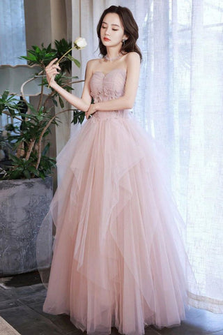 Princess A Line Sweetheart Blush Long Prom Dress with Appliques