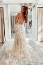 Load image into Gallery viewer, Mermaid Spaghetti Straps Champagne Long Prom Dress with Appliques
