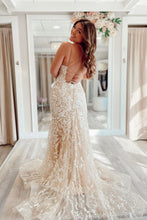 Load image into Gallery viewer, Mermaid Spaghetti Straps Champagne Long Prom Dress with Appliques