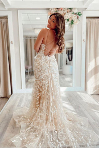Mermaid Spaghetti Straps Champagne Long Prom Dress with Appliques