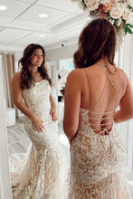 Load image into Gallery viewer, Mermaid Spaghetti Straps Champagne Long Prom Dress with Appliques
