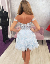 Load image into Gallery viewer, Dark Blue Off The Shoulder A-Line Tiered Short Party Dress
