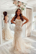 Load image into Gallery viewer, Mermaid Spaghetti Straps Champagne Long Prom Dress with Appliques
