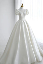 Load image into Gallery viewer, Elegant A Line V Neck White Wedding Dress with Short Sleeves