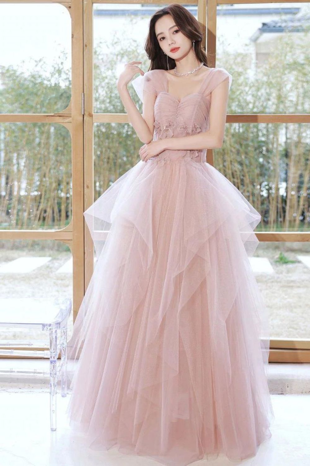 Princess A Line Sweetheart Blush Long Prom Dress with Appliques