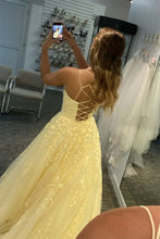 Load image into Gallery viewer, Princess A Line Spaghetti Straps Light Champagne Long Prom Dress with Appliques