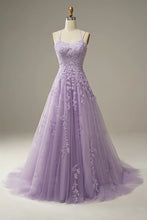 Load image into Gallery viewer, Princess A Line Spaghetti Straps Purple Long Prom Dress with Appliques