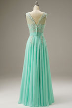 Load image into Gallery viewer, A-Line Illusion Chiffon Long Dress WIth Appliques
