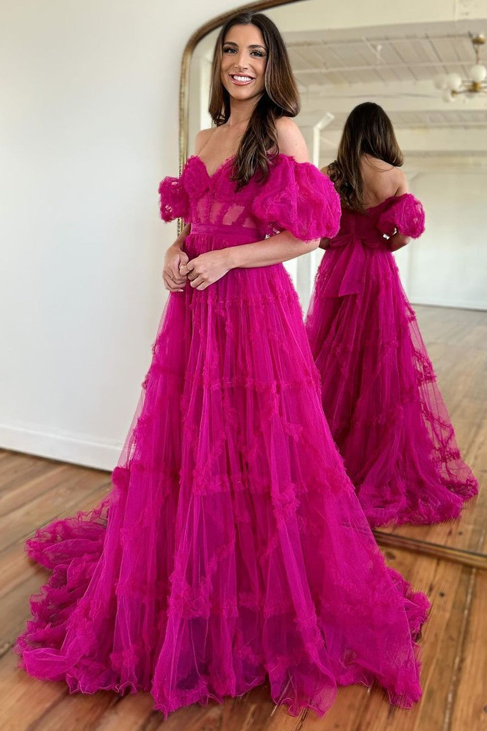 Off the Shoulder Tulle Tiered Long Prom Dress,  A Line Evening Gown UQP0205 main image 0