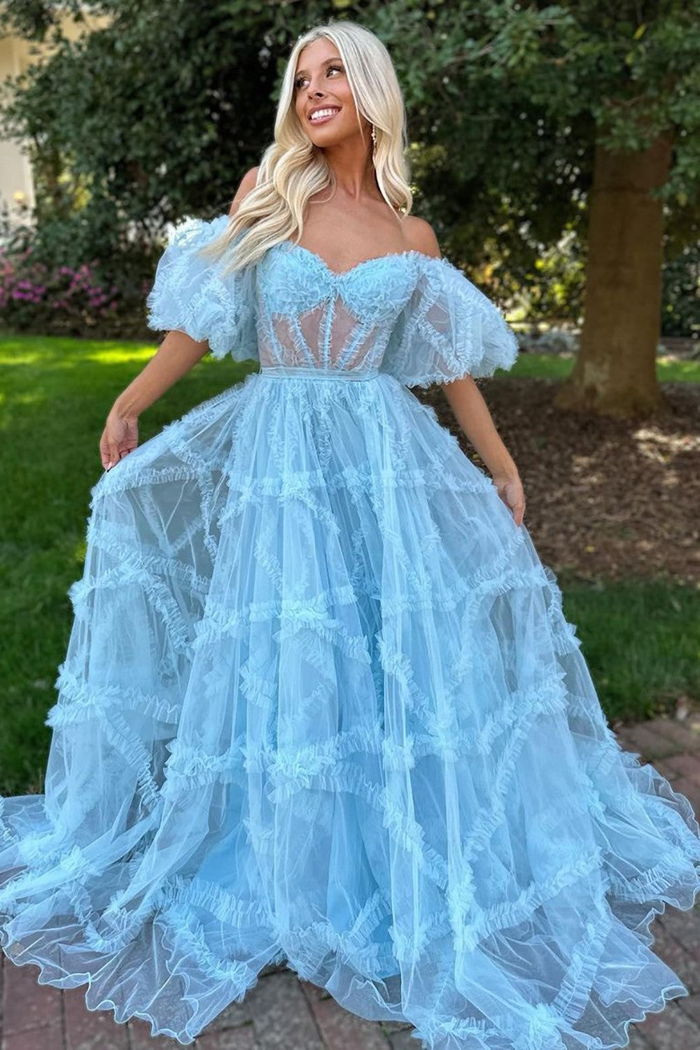 Luuvis A-Line Off The Shoulder Long Tulle Prom Party Dress With Belt