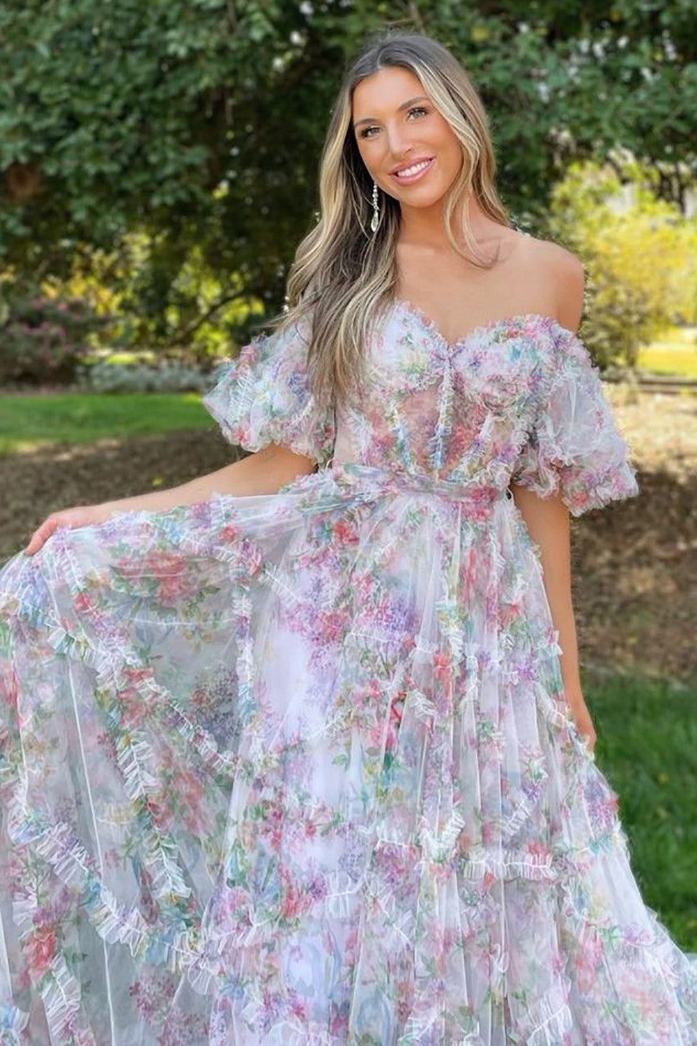 Cute A-line Off Shoulder Gradient Tulle Long Party Dress, New Prom Dress main image 1