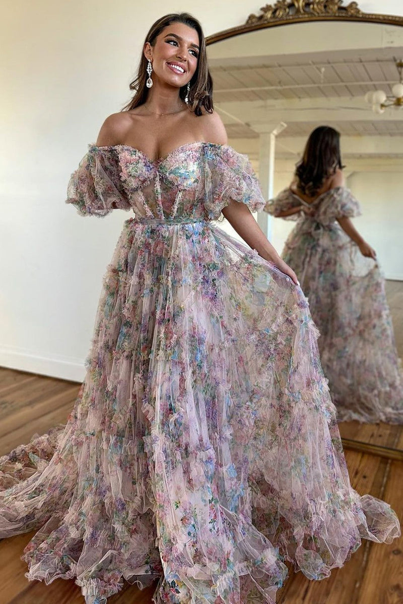 A-Line Off the Shoulder Long Tulle Prom Dress cc1285 main image 1