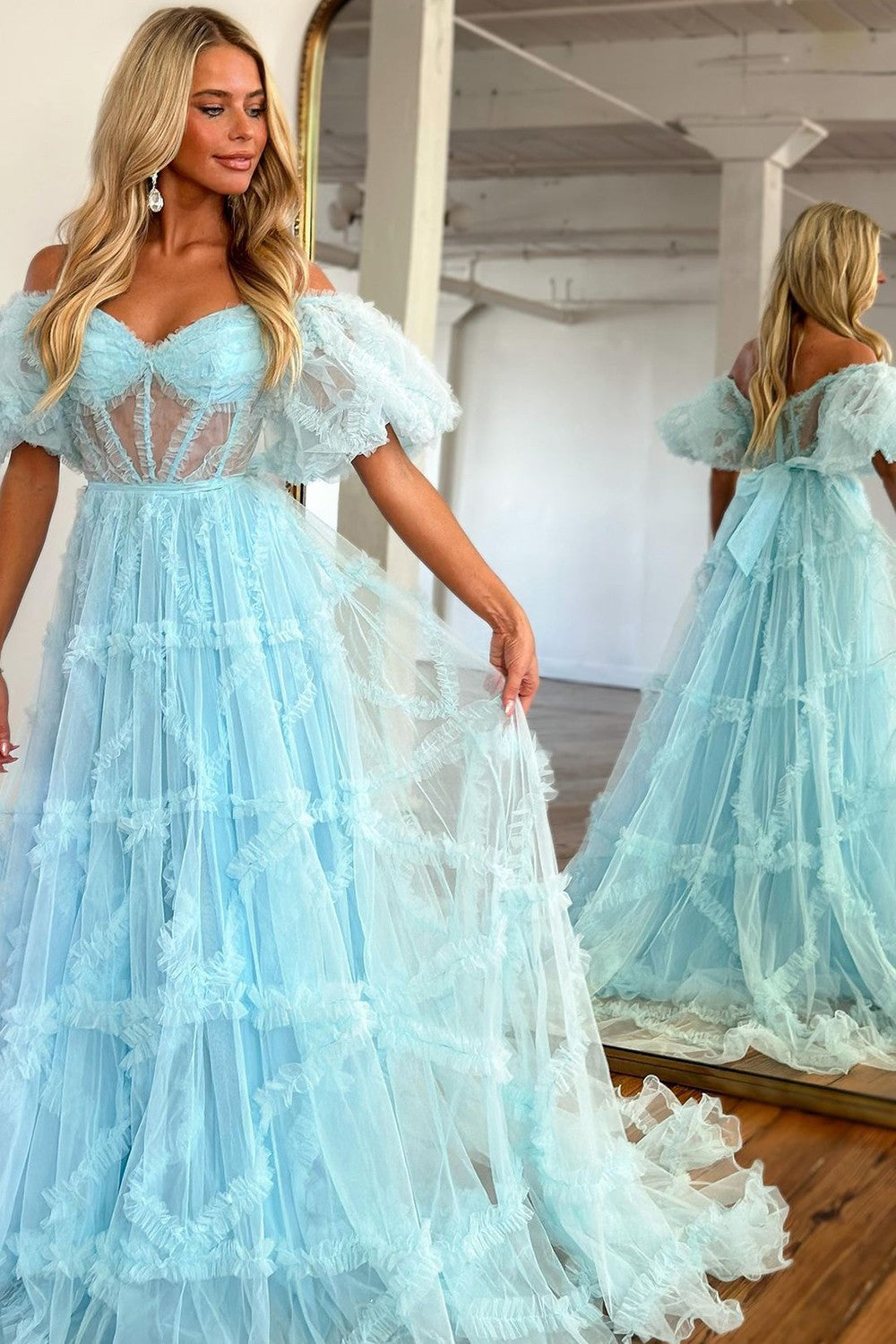 Tulle Long A-line Prom Dress, Lovely Off the Shoulder Evening Dress