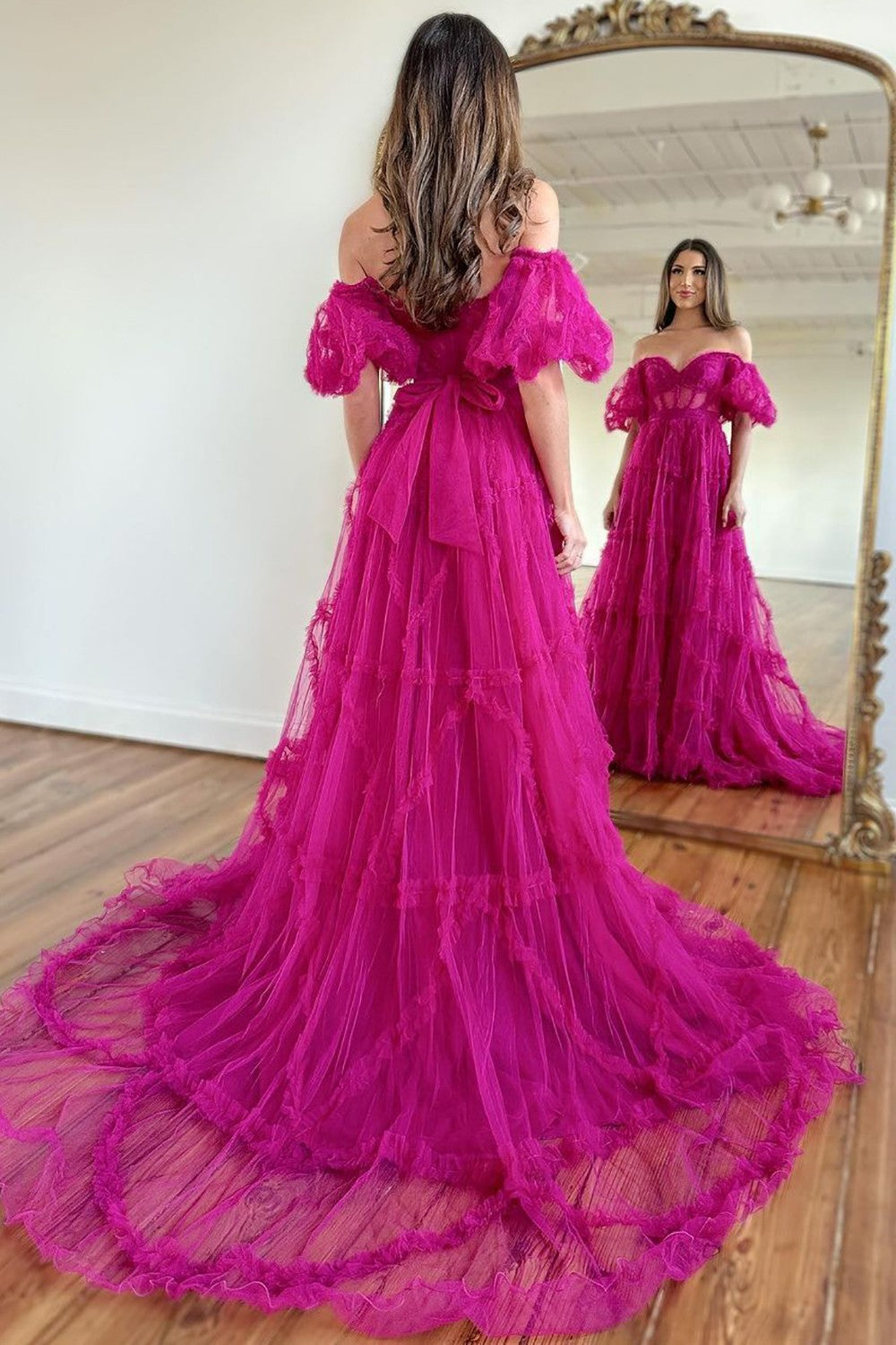 A-line Tulle Sweetheart Off Shoulder Party Dress, Beaded Long Tulle Prom Dress