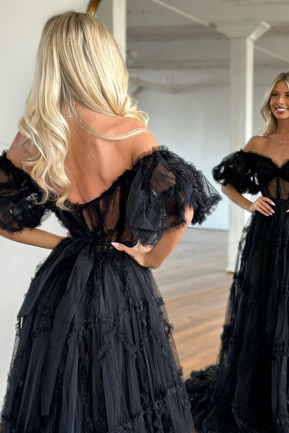 A-line Layers Tulle and Lace Off Shoulder Party Dress, Tulle Long Prom Dress