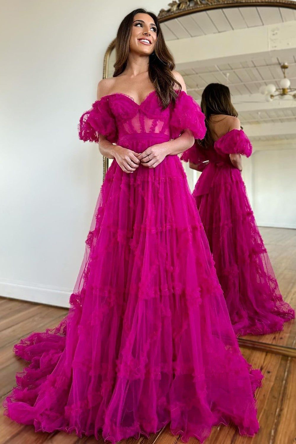 Cute A-line Off Shoulder Gradient Tulle Long Party Dress, New Prom Dress main image 0