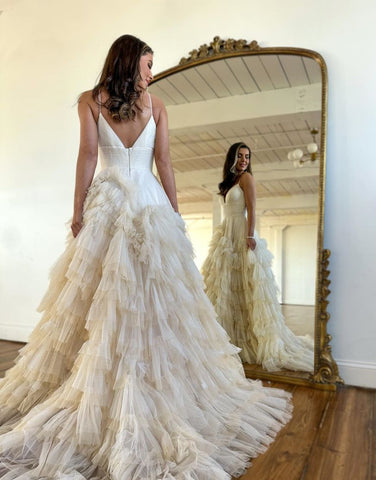 A-Line V-Neck Spaghetti Straps Long Tiered Tulle Prom Dress