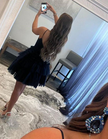A-Line Spaghetti Straps Navy Tulle Homecoming Dress